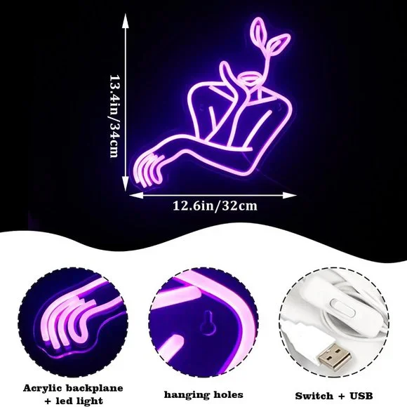 Neon Purple Self Love Woman Girl Plant Body Positivity Light Room Wall Decor